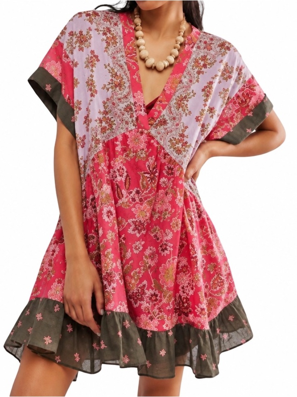 Free People Women’s Floral V-Neck Short Sleeve Flutter Dress Pink & Green Small